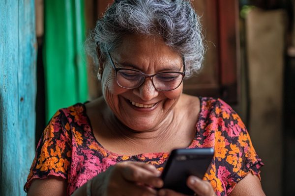 A joyful older woman in her 60s from a low-income Latin American neighborhood, smiling as she reads a message on her mobile phone with reading glasses. She has a warm expression, sitting in a modest, cozy setting that reflects her neighborhood. The scene captures her happiness and relief, with natural lighting enhancing her joyful features realistic, heartwarming, vibrant colors. --v 6.1 Job ID: fe67c288-1a2b-4825-9fc3-aaaa7a68804a