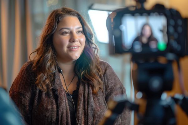 a beautiful plus sized woman talks on camera, recording a video, realistic, 4k --ar 3:2 Job ID: cd988496-deef-4261-b2e3-29897c4dd15b
